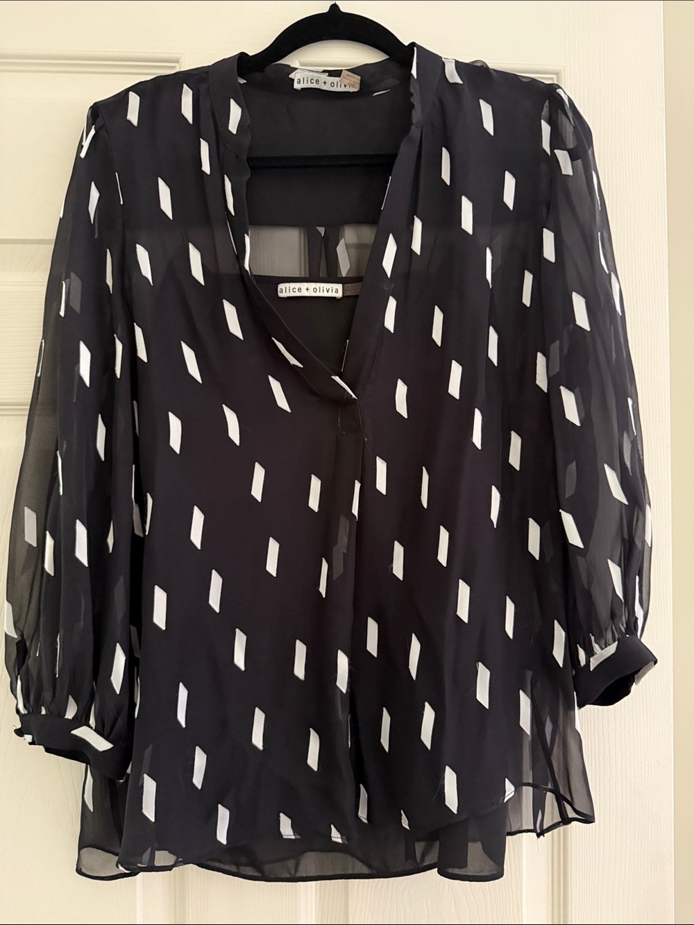 Alice + Olivia Black Sheer Blouse with White Diamond Print